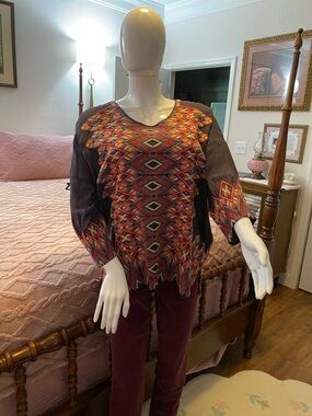 Johnny Was Multicolor Aztec-Style Long Sleeve Tunic - Rust, Black, Gold LARGE